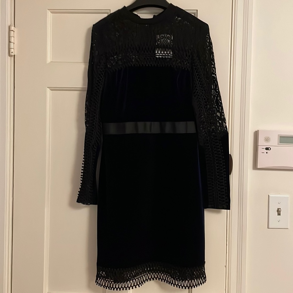 Topshop blue velvet dress with black lace and trim; size US size 4; new w/ tags